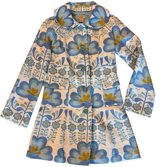 Anthropologie Elevenses Coat Women’s Size 4 Blue Floral Retro Print Cotton Linen - Picture 1 of 6